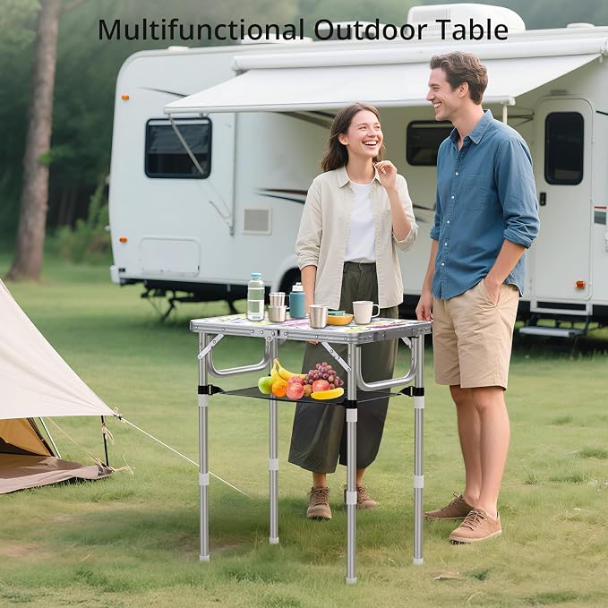 Anbte 2ft Small Folding Table, 3 Adjustable Height for Camping, 24" x 16" | Folding Camping Table with Storage Net, Lightweight & Portable with Carry Handle, for Outdoor Indoor Camping Beach RV, Floral - Image 9