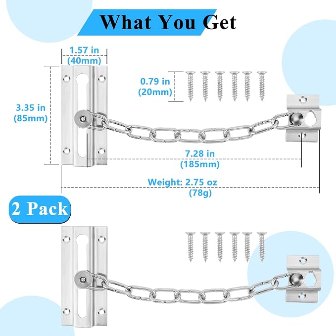 INBOF 2 Pack Door Chain Lock, Stainless Steel Chain Locks for Inside Door, Premium Thickened with 12 Screws - Image 4