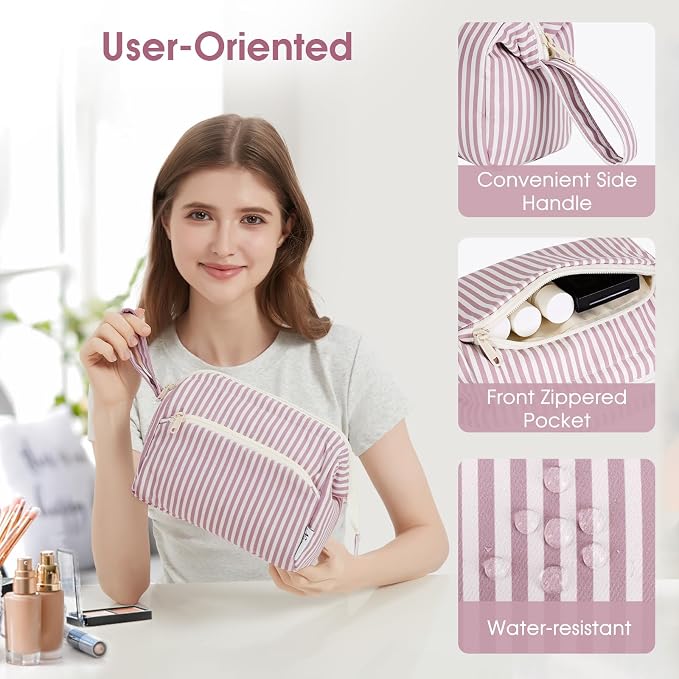 Narwey Striped Makeup Bag Women Wide-open Make up Bag Travel Cosmetic Bag Organizer Toiletry Bag for Cosmetics Toiletries Accessories (Dusty Rose Stripe) - Image 4