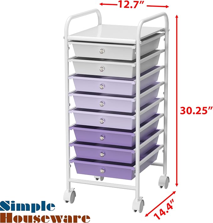 Simple Houseware 8 Drawers Rolling Utility Cart Art Craft Storage, Purple | 1-Column, 30.25" Height, Lockable Wheels, for School, Office, Art Craft, and Paper Storage - Image 3