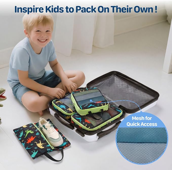 Kids Compression Packing Cubes - 4 PCS Sets, Black Dinasour | Water Resistant 4 Piece Set with Shoe Bag, Toddler Suitcase Organizer Set, Expandable Storage for Luggage - Image 3