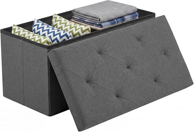 DUMOS 30 Inch Foldable Storage Ottoman Bench, Gray Ottoman with Storage | End of Bed Foot Stool with Foam Padded Seat, Linen Fabric Hidden Storage Chest for Bedroom, Living Room, Loads 660 LBS by DumosLifestyle