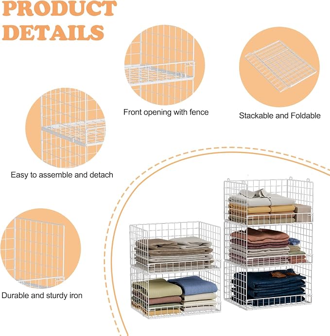 Yociyoga 5-Tier Stackable Closet Organizers and Storage Basket - Foldable Closet Shelf Organizer System, Space-Saving Clothes Storage Bins Drawer Organizer for Wardrobe, White (Patent 30022416) - Image 6