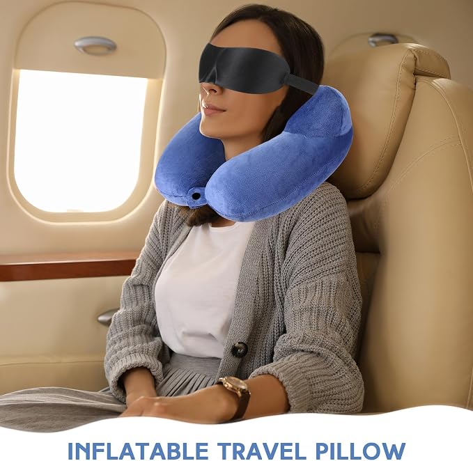 Sintuff 2 Pcs Inflatable Travel Pillow with Compact Bag and Blindfold Velvet Inflatable Neck Airplane Pillow Washable Cushion for Airplanes Flight Car Long Traveling Kids Adults Grey Blue - Image 5