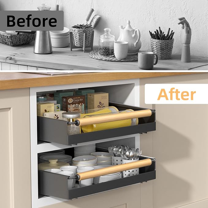 Pull Out Cabinet Organizer, 15.3'' Deep Expandable Slide Out Cabinet Organizer Fixed with Adhesive Nano Film, Slide Out Drawers Pull Out Tray for Cabinet in Kitchen, Pantry, Bathroom, Black - Image 5