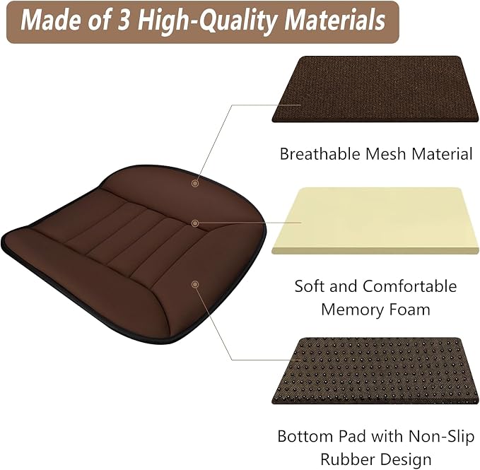 2PCS Car Seat Cushion Pad 1.2" Thick Comfort Seat Protector for Car Driver Seat Office Chair Home Use Memory Foam Seat Cushion with Non Slip Bottom, 20'' x 18.5'', Coffee - Image 6