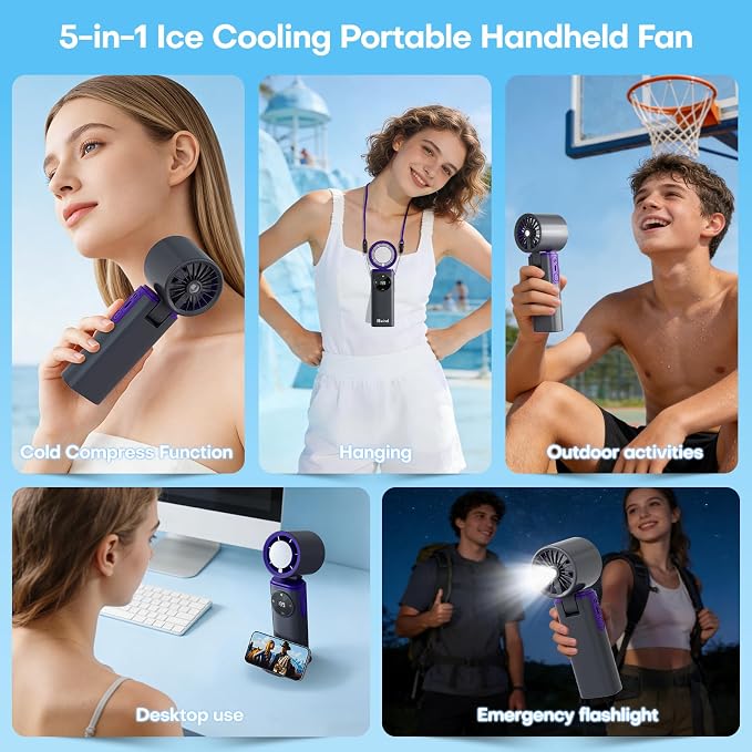 Portable Handheld Fan with Ice Cooling, 199 Levels Stepless Speed, 20H Long Battery Life, 20000RPM Turbo Fan Rechargeable Personal Mini Fan for Travel, Outdoor, Makeup (Grey) - Image 6