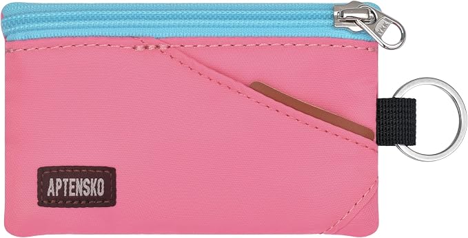 RFID Blocking Travel Wallet with Adjustable Lanyard, Small Nylon Zipper Pouch and Badge Holder for ID, Credit Cards, Cash, Keys, Commuters (Pink) by APTENSKO