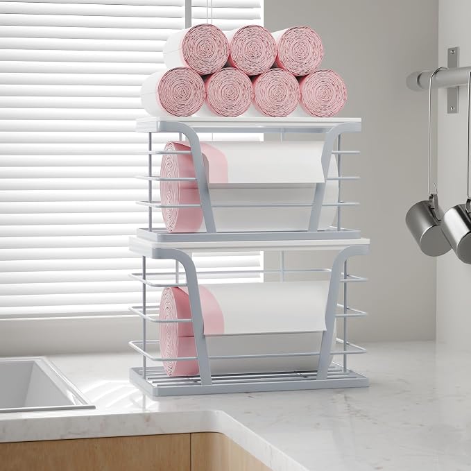 TIDIIABODE 2 Pack Gray Trash Bag Organizer for Kitchen and Pantry, Upgraded Stackable Metal Garbage Bag Holder with Bamboo Top, Modern Under Sink Storage Dispenser for Laundry Room, Garage - Image 7