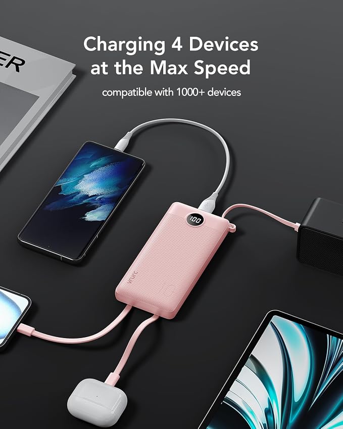 VRURC 22.5W 10000mAh Fast Charging Power Bank Built‑in 4 Cables | Portable Charger Slim,Travel Battery Pack for iPhone, Samsung & Multi Devices, Pocket‑Friendly with Lanyard-Pink(1 Pack) - Image 5