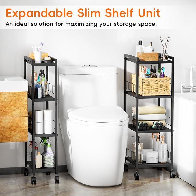 Expandable Slim Storage Cart with Wheels, 4 Tier Narrow Metal Rolling Utility Cart Organizer Adjustable Open Floor Shelving Unit for Small Spaces Bathroom Laundry Room Kitchen - Image 6