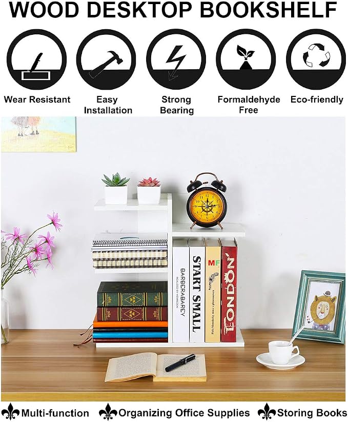 Wood Desktop Shelf Small Bookshelf Desk Supplies Organizers and Accessories Storage Display Rack Office Decor for Women, White - Image 5