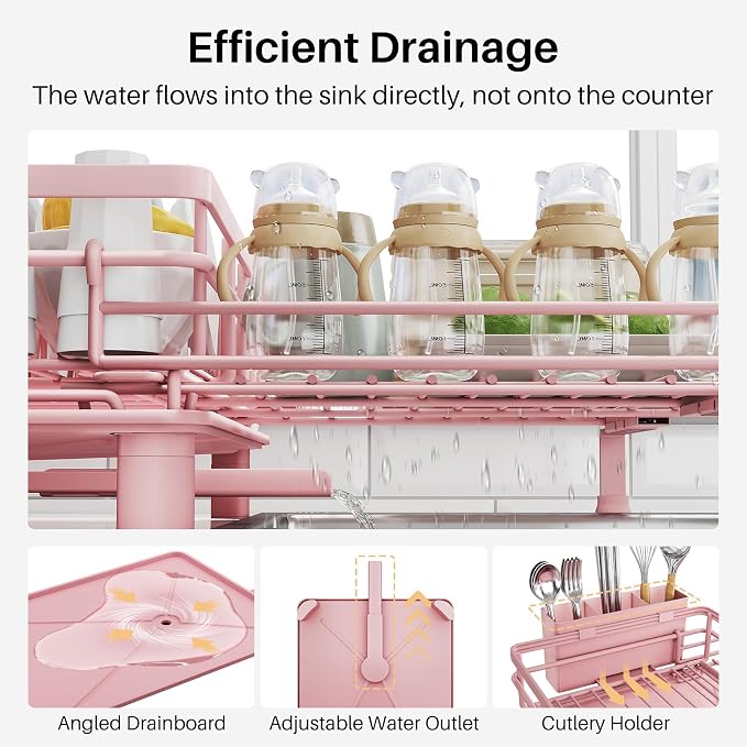 SNTD Expandable Dish Drying Rack for Kitchen Counter, Stainless Steel, Pink | Foldable Over Sink, Large Capacity, Adjust to Fit Most Sinks, Angled Drainboard, Removable Utensil Holder, Slip Resistant - Image 6