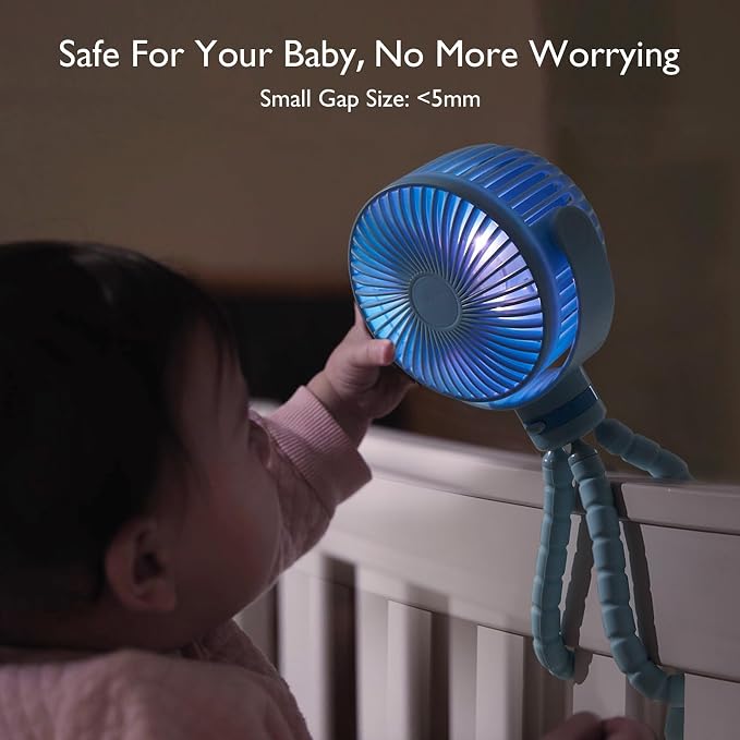 Momcozy 8000mAh Portable Stroller Fan, 27H Ultra-long Battery Life | Detachable 4 Speed 360°Rotate LED Night Light with 2 Modes, USB Rechargeable Handheld Cooling Fan for Travel/Car Seat/Bedroom - Image 4