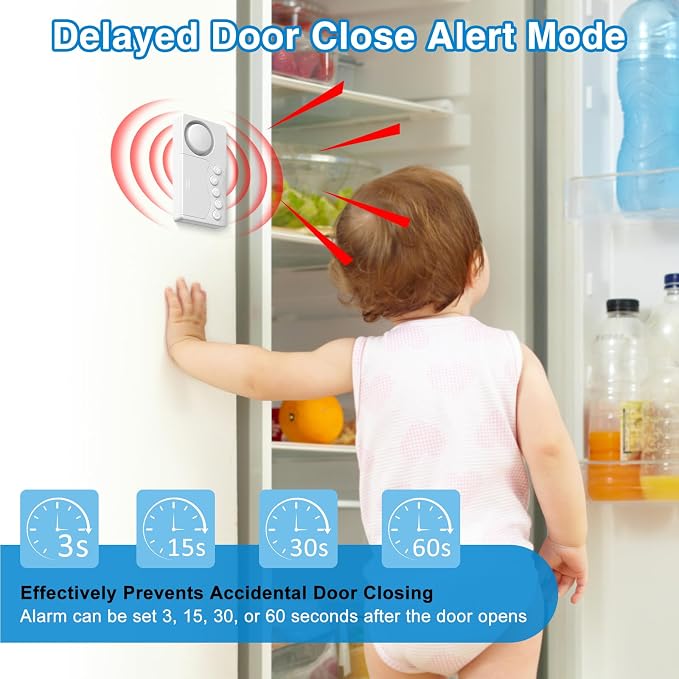 GreenCycle Door Alarms with Delay, Freezer Door Alarm(3/15/30/60S Delay) | Refrigerator Alarm Open Door 108dB Loud, 4 Modes, 3 Adjustable Volume for Home, Business, Office, Gate, Shop,1 Sensor - Image 2