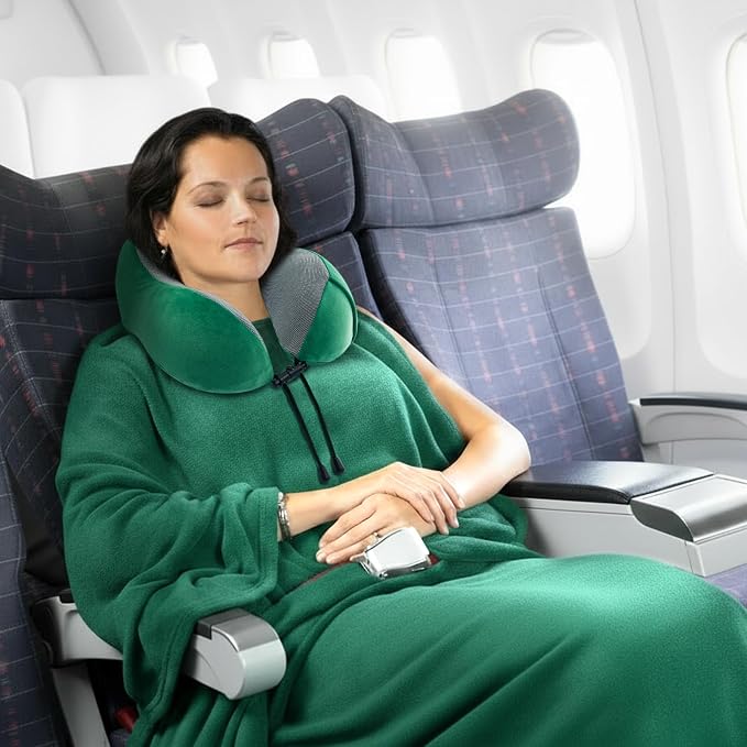 urnexttour Travel Pillow and Blanket Set Neck Pillow Airplane Foam Green | 43x60 Inch Plane Blanket, Traveling Compact Storage Bag, Eye Mask, and Earplugs for Ultimate Flight Comfort, Women and Men - Image 5