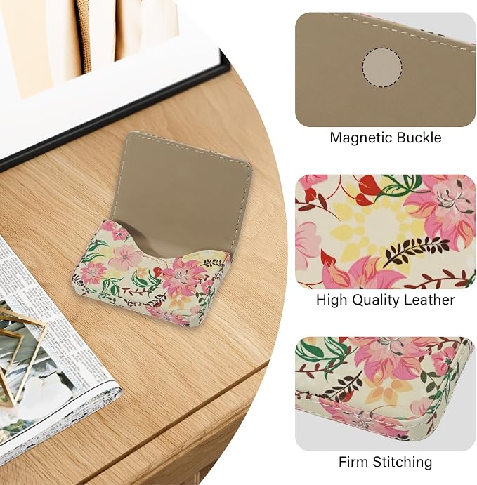 Business Card Holder，PU Leather Business Card Case Color Printing Pattern Card Holder Wallet，Pockets Magnetic Credit Card Holders for Men and Women - Red Yellow Flowers - Image 2