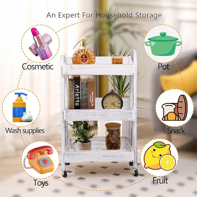 3-Tier Rolling Utility Cart with Lockable Wheels Storage Slim Storage Heavy Duty Cart Mobile Shelving Unit Craft Narrow Organizer for Bathroom Laundry Kitchen (Vintage White) - Image 4