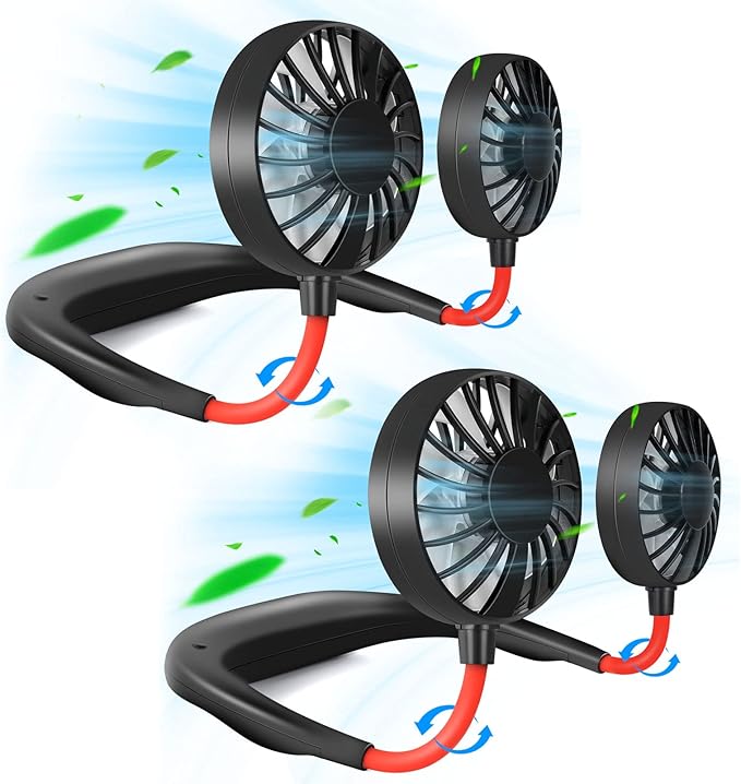 Portable Neck Fan Rechargeable Personal HandFree Fan Mini USB Wearable Neckband Sport Fan 3 Speed Adjustable 360 Degrees Free Rotation Perfect for Working Traveling Office Reading (Red Black 2 Pack) by JUANANIUG