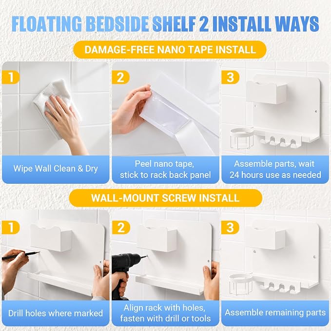Metal Bedside Wall Shelf, No Drill Floating Bedside Shelf Wall Organizer | Bedside Wall Shelf with Detachable Cup Holder for Bedroom, Dorm, Nightstand Alternative, Bunk Bed Accessories & RV Storage - Image 7