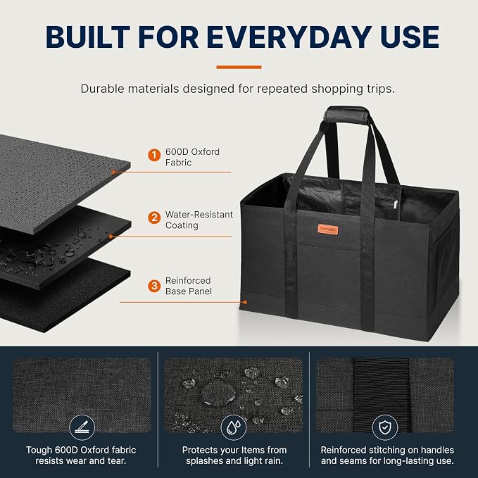 WONDAY Black Foldable Utility Tote Bag, Reusable Grocery Bag | 22x11x13in, holds 50lbs, 600D Oxford fabric with PP board bottom, folds flat, side panels only, not self-standing - Image 5