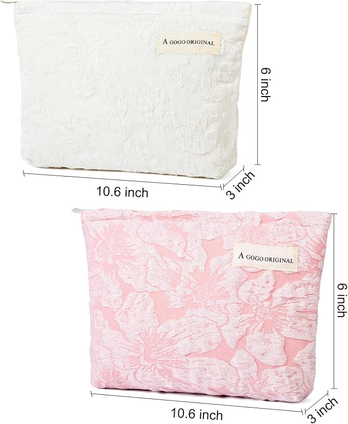 SOIDRAM 2 Pieces Flower Makeup Bag Large Floral Cosmetic Bag Capacity Canvas Travel Toiletry Bag Organizer Cute Makeup Brushes Aesthetic Accessories Storage Bag for Women, Flower L White Pink - Image 3