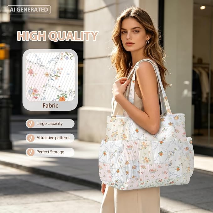 Corduroy Tote Bag for Women,Large Capacity Cute Tote Bags With 6 Pockets,Crossbody Shoulder Handbag for Work Travel Gym - Image 4