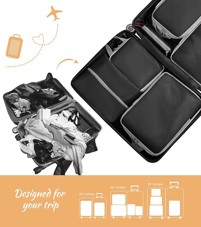 WOOMADA Compression Packing Cubes for Suitcases Travel Essentials 8 Set Expandable Travel Bags Organizer for Luggage(black) - Image 4