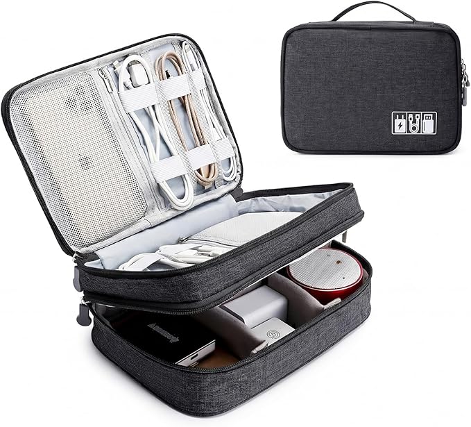 Lanola Travel Cable Organizer Bag, Electronic Accessories Case Portable Double Layer Cable Storage Bag for Cord, Charger, Flash Drive, Phone, SD Card,Personal Items - (Black) by Lanola