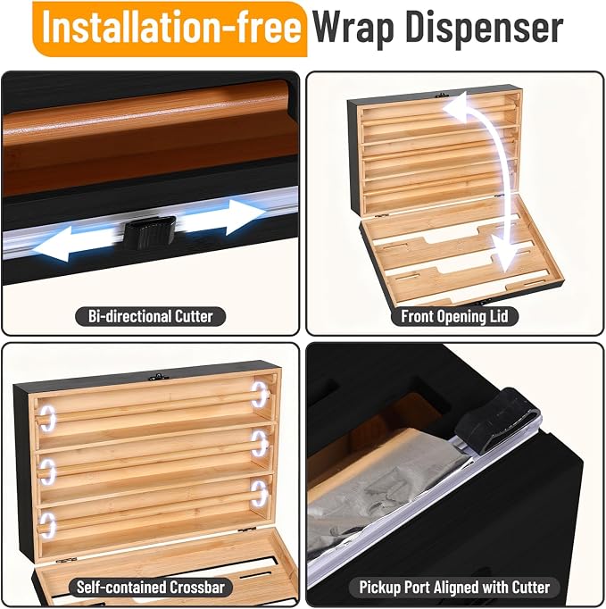 Allinside Magnetic Plastic Wrap Dispenser with Cutter, 3 in 1 Refrigerator Bamboo Wood Organizer for Tin Foil, Baking, Wax Paper Holder Kitchen Storage Box Compatible with 12.9" Roll, Black (3 Layer) - Image 6