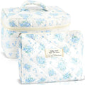 URSKYTOUS 2Pcs Cotton Quilted Makeup Bag for Women Girls Large Small Travel Floral Cosmetic Bags Set Cute Coquette Zipper Makeup Pouch for Purse Aesthetic Cloth Flower Storage Toiletry Bag Organizer by URSKYTOUS