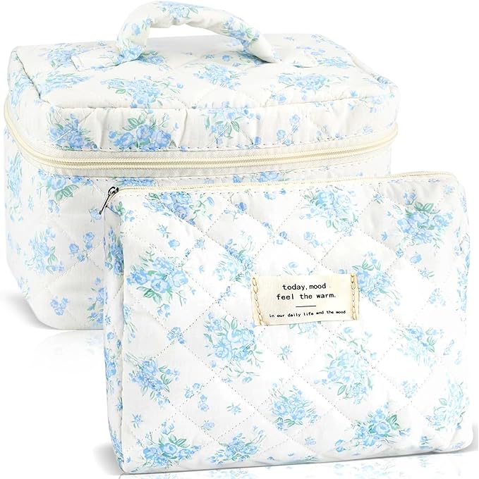 URSKYTOUS 2Pcs Cotton Quilted Makeup Bag for Women Girls Large Small Travel Floral Cosmetic Bags Set Cute Coquette Zipper Makeup Pouch for Purse Aesthetic Cloth Flower Storage Toiletry Bag Organizer by URSKYTOUS
