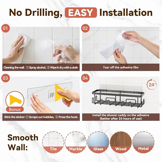 Shower Caddy Adhesive, Rustproof Shower Organizer, Wall Shower Rack | Large Capacity Shower Shelves for Inside Shower, Shampoo Shower Holder, Black, 3 Caddies, 1 Soap Dish, 1 Toothbrush Holder - Image 9