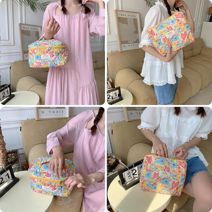 Fcteap Makeup Bag Travel Essentials Quilted Cosmetic Toiletry Pouch Organizer Insert for Women Dorm Room Essential Gift Large Capacity Opening Lightweight Cute Aesthetic Portable 2PCS (Heart) - Image 2