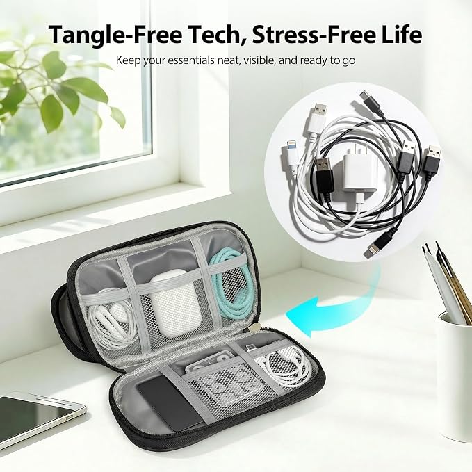 Double Layer PU Leather Electronics Organizer Bag, Midnight Black | Water-resistant pouch with 8 anti-tangle compartments, padded lining and cable ties to protect chargers and 3ft+ cords. - Image 5