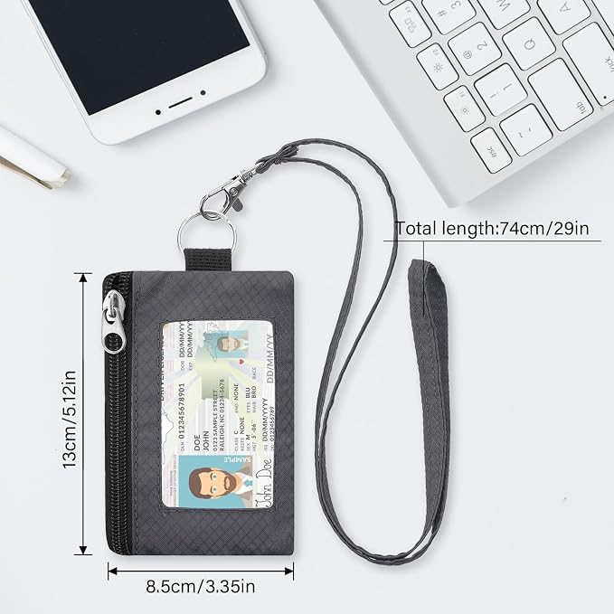 Minimalist RFID Blocking Wallet with 2 Zip Pockets and Lanyard, Water Resistant ID Case with Key Ring and Cards Badge Holder, Coin Purse Pouch for Men and Women Travel Sports -GRAY - Image 2