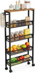 Slim Rolling Cart 5 Tier Narrow Storage Cart on Wheels with Handle | Lockable Wheels, Wood Top Panel, Metal Frame Utility Carts for Kitchen, Dining, Living, Home Office, Laundry Room by AZERPIAN