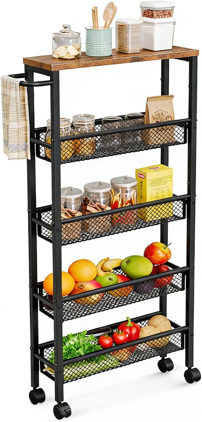Slim Rolling Cart 5 Tier Narrow Storage Cart on Wheels with Handle | Lockable Wheels, Wood Top Panel, Metal Frame Utility Carts for Kitchen, Dining, Living, Home Office, Laundry Room by AZERPIAN