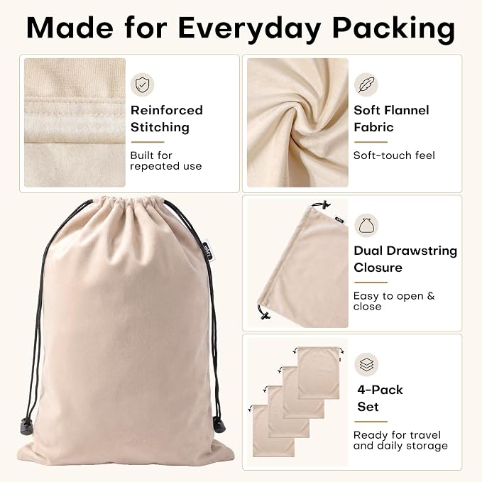 Travel Shoe Bags, 4 Pack Large Flannel Drawstring Bags (Camel Beige) | Soft Flannel fabric, 17.7 x 13.8 in, Fits up to Men's 13, Machine Washable - Image 3