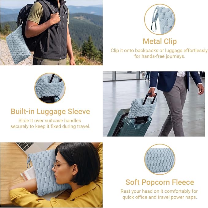 Travel Blanket with Bag, Soft Fleece Portable Airplane Blanket, Light Blue | Soft fleece travel blanket 50x60in grey. 5-in-1: pillow, lumbar support, shawl, hand warmer. Washable, luggage sleeve, clip. - Image 5