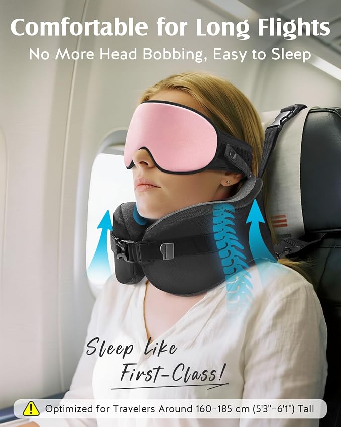 YFONG Travel Pillow with Head Support & Sleep Mask for Long Flights, Pink | Patented 360° Support System, Prevents Bobbing, Airplane Head Strap, 3D Eye Mask, Memory Foam Neck Pillow, Travel Essential - Image 2