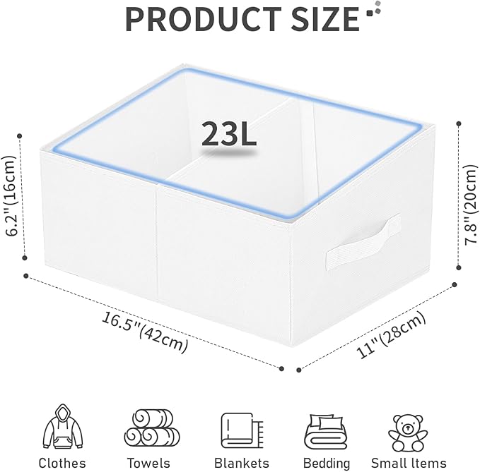 DIMJ Large Closet Shelf Organizer Bins 6 Packs with Handles and Divider, Fabric Trapezoid Storage Baskets, Foldable Clothes Containers Box for Shelf, Towel, Book, Toy, Purse, Hats, ,White - Image 2