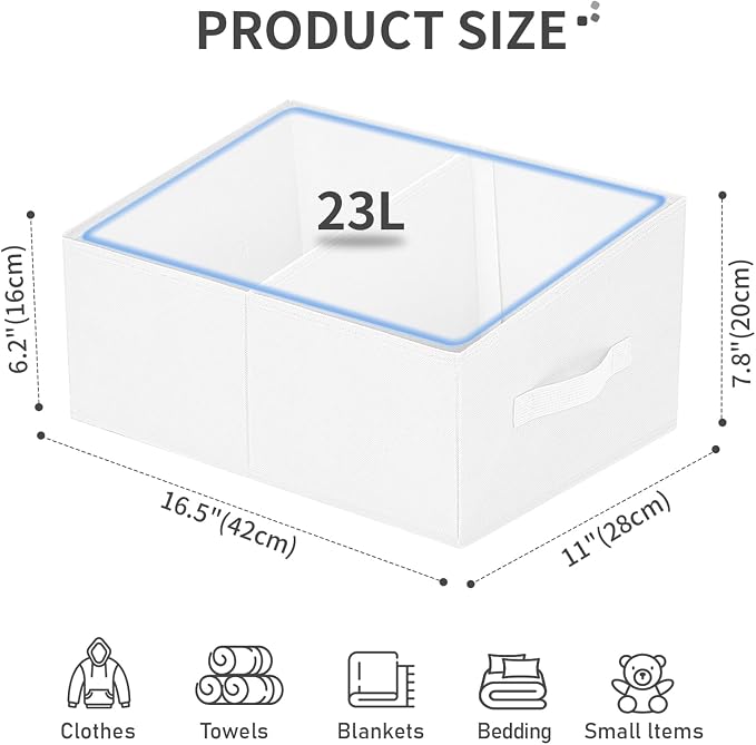 DIMJ Large Closet Shelf Organizer Bins 8 Packs with Handles and Divider, Fabric Trapezoid Storage Baskets, Foldable Clothes Containers Box for Shelf, Towel, Book, Toy, Purse, Hats, White - Image 2