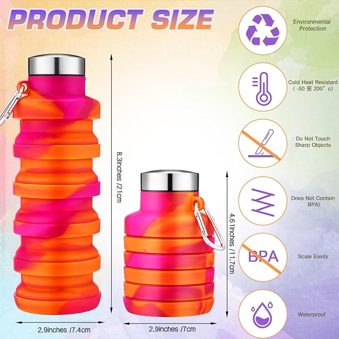 Sunnyray 20 Pack Collapsible Water Bottles Bulk Foldable Water Bottles 17oz Silicone Portable Leak Proof Reusable Sports with Clip for Travel Hiking Camping Outdoor (Tie-dye) - Image 3