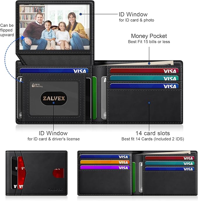 ZALVEX Wallet for Men Slim RFID Blocking Leather Credit Card Holder Wallet | 14 Cards Bifold Minimalist Thin Wallet with 2 ID Windows & Cash Slot Front Pockt Carteras Para Hombres Birthday Gifts for Men - Image 2