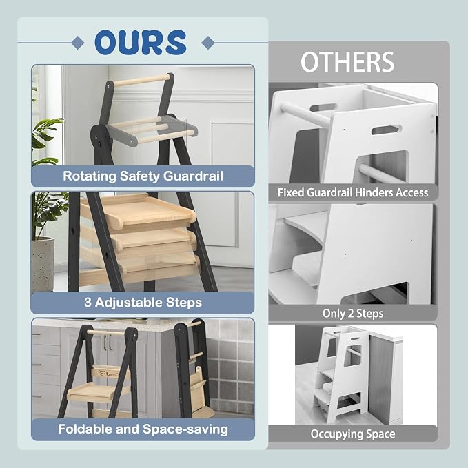 Foldable Toddler Kitchen Stool Helper with 3 Adjustable Heights,Aged 1-6 | CPSC Test,Wooden Collapsible Toddler Tower with Safety Rails&Feet,Wide Pedal,for Kitchen Cooking, Baking or Washing Hands - Image 4