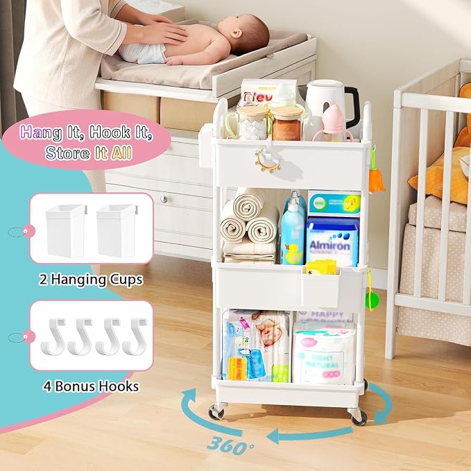 SUNALLY Baby Diaper Caddy Cart,3 Tier Rolling Diaper Cart for Nursery,White | Large Capacity & Easy Assemble Diaper Storage Organizer with Lockable Wheels for Newborn, New Mom, Baby Girl Boy Essentials - Image 4