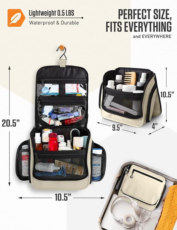 VENTURE 4TH Hanging Travel Toiletry Bag, 18 Compartments - Beige | Hangs on rails, hooks or doors; stands upright. Removable TSA pouch. Water-resistant Nylon 290D Twill, reinforced stitching. - Image 2