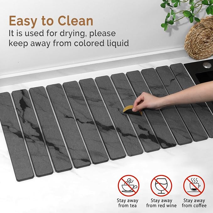 Extra Large Stone Dish Drying Mat for Kitchen Counter, Quick Dry Stone Dishes Mats, Foldable Water Absorbing Diatomaceous Drying Pad for Countertop Bottles Utensils Cups Bathroom(Dark Gray 32"×16"） - Image 5