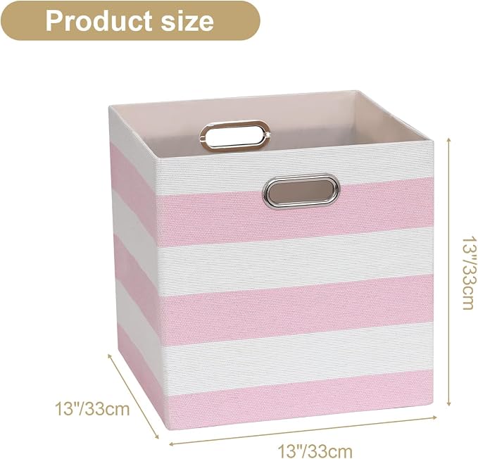 Posprica Storage Bins Storage Cubes,13×13 Collapsible Storage Boxes Containers Organizer Baskets for Nursery,Office,Closet,Shelf - 4pcs,Pink-white Striped - Image 2